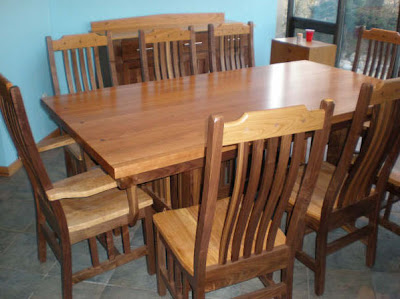 80 x 42 Mission Dining Table & Mission Chairs & Mission Benches & Mission Server, Cherry & Walnut Hardwood, Natural Finish