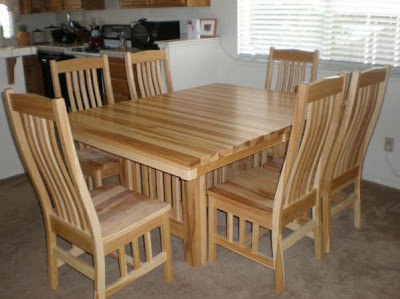 60 x 42 Mission Dining Table & Raised Mission Chairs, Hickory Hardwood, Natural Finish