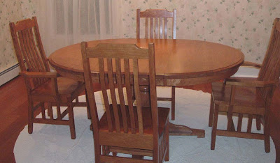 Round 48 Riverside Dining Table with Added Leaf & Mission Chairs, Cherry Hardwood, Vintage Finish