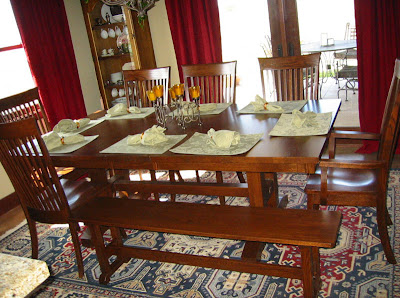 72 x 46 Trestle Dining Table & Lancaster Chairs & Trestle Benches, Oak Hardwood, Lexington Finish