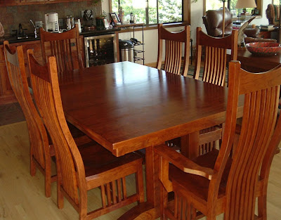 70 x 46 Trestle Dining Table Western Chairs, Cherry Hardwood, Vintage Finish