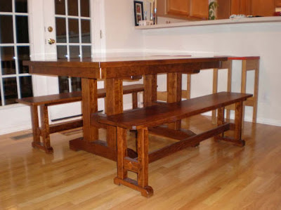 60 x 36 Trestle Dining Table & Trestle Benches, Hickory Hardwood, Sunset Finish