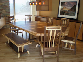 80 x 56 Custom Mixed Wood Double Border & Timber Edge Dining Table in Natural Hickory & Walnut, Bench & Raised Mission Chairs