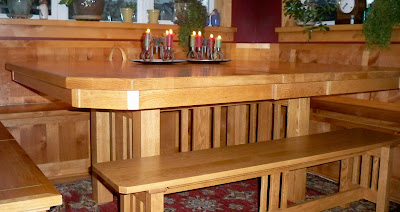 60 x 60 Plains Mission Dining Table and Plains Misson Bench in Honey Oak