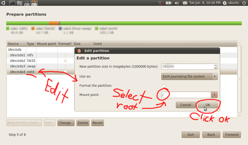 Lucid Lynx installer setting root partition