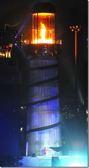 The cauldron is lighted up at the opening ceremony of the Singapore 2010 Youth Olympic Games (YOG) held at the Marina Bay Floating Platform on the August 14, 2010. Photo: SPH-SYOGOC/Chong Jun Liang