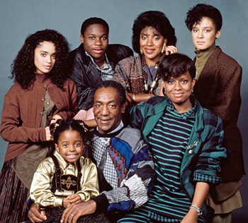 THE COSBY SHOW -- Season 3 -- Pictured: (back row, l-r) Lisa Bonet as Denise Huxtable, Malcolm-Jamal Warner as Theodore 'Theo' Huxtable, Phylicia Rashad as Clair Hanks Huxtable, Sabrina Le Beauf as Sondra Huxtable Tibideaux, (front row, l-r) Keshia Knight Pulliam as Rudy Huxtable, Bill Cosby as Dr. Heathcliff 'Cliff' Huxtable, Tempestt Bledsoe as Vanessa Huxtable -- Photo by: Alan Singer/NBCU Photo Bank