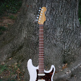 My finished Mary Kaye Warmoth strat guitar.  Actually not quite finished. I wanted to snap these before sundown, but afterwards I installed the strap buttons and intonated it.