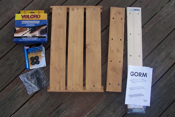 Parts for my DIY Pedalboard. The GORM Shelf and Extension Post (with hardware) from IKEA , Industrial Strength Velcro (15ft x 2in), Rubber Feet. Not pictured: IKEA Behandla Stain.
