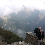 The mists at the Sun Gate clear enough to catch a tiny glimpse of Machu Picchu (it's the lightish bit on the left hand side)
