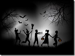 Royalty-Free (RF) Clipart Illustration of a Group Of Silhouetted Trick Or Treaters In Halloween Costumes, Walking Under Bats Between Bare Trees At Night