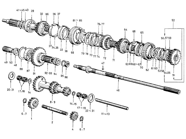 Datsun Fairlady Parts illustration no. 032-1 Transmission Shaft & Gear 1600 (R16) (Servo Synchro Type)