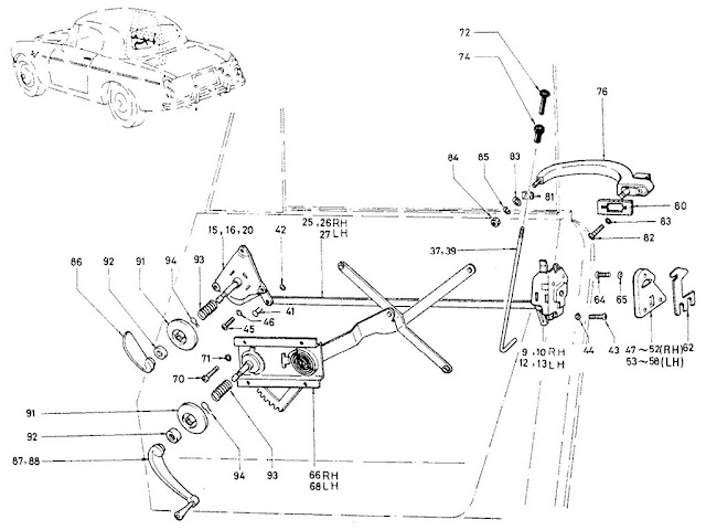 Datsun Fairlady Parts illustration no. 061A-1 Door Lock & Regulator (1965-67.5)