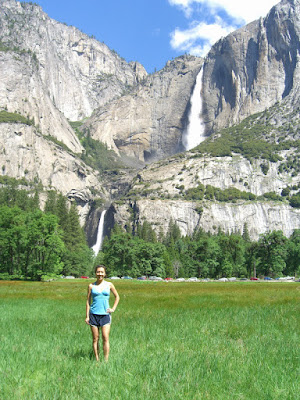 Serena in the meadows with Yosemite Falls 