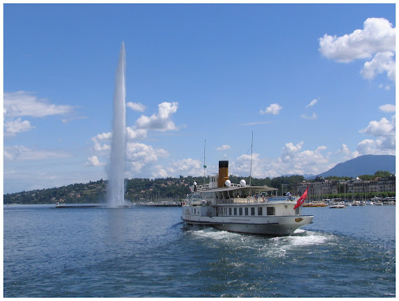 瑞士日內瓦湖的噴泉與湖景。