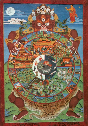 Traditional Tibetan picture or Thanka showing The wheel of life and realms of samsara