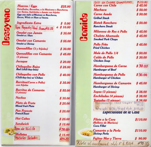 Menu page 1 - La Casita restaurant in La Peñita de Jaltemba, Nayarit, Mexico