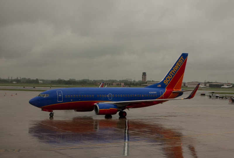 a blue and red airplane on a wet runway