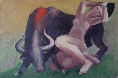 Carlos Arteaga.- Toro con mujer indefensa (Óleo, 2009)