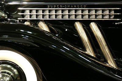 Closeup of supercharged 1936 Auburn 852 Cabriolet