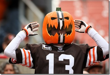 25 October 2009: Cleveland Browns fan dressed with a pumpkin on his head during the Browns game against the Green Bay Packers in Cleveland, OH.
