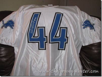 The Lions in Winter commenter Matt's autographed Jahvid Best away Detroit Lions jersey.