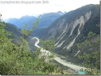 This view shows the river flowing down the valley from Salmon Glacier.  The river flows from the tip of the glacier, forming the "toe."