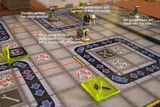 An annotated photos showing the positions of the various players robots