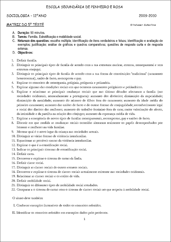 Matriz 5º teste Sociologia 2010