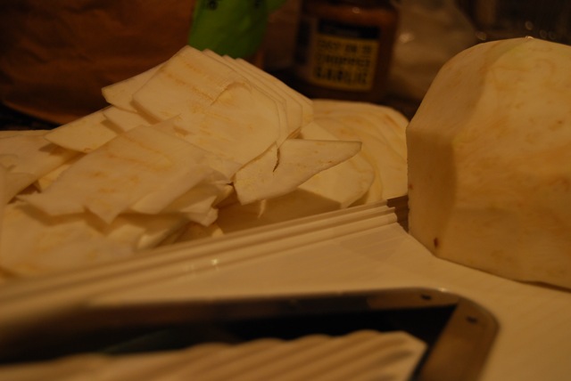 Celeriac being sliced