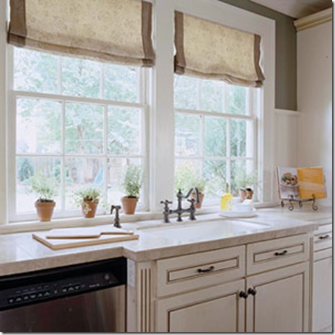 She used teastained roman shades in the kitchen and banded them using the She used teastained roman shades in the kitchen and banded them using the
