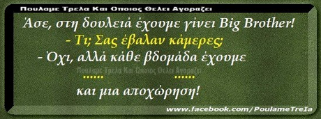 Άσε, στη δουλειά έχουμε γίνει Big Brother! -Τι; Σας έβαλαν κάμερες Οχι, αλλά κάθε βδομάδα έχουμε και μια αποχώρηση! www.facebook.com/PoulameTrela