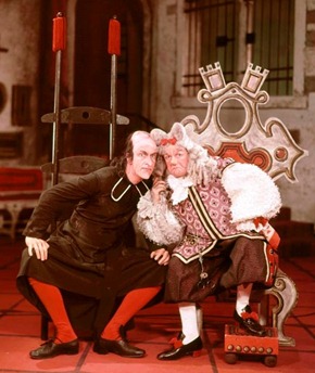 Cesare Siepi (left) as Don Basilio in Rossini's IL BARBIERE DI SIVIGLIA at the Metropolitan Opera, 1954, with Fernando Corena as Dr. Bartolo [photo uncredited]