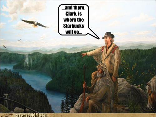 photo of Lewis and Clark pointing to where a Starbucks will go
