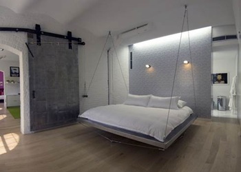 cama-colgante-diseño-minimalista habitación,cama colgante, aceros, elegancia