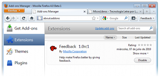 Nuevo Administrador de Extensiones de Firefox 4 Beta 1