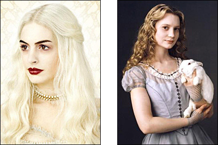Anne Hathaway como a Rainha Branca e Mia Wasikowska como Alice