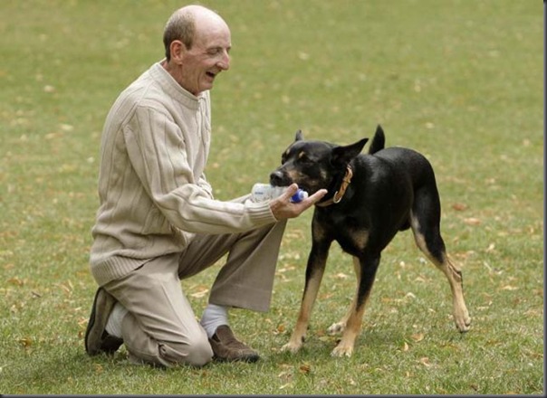 William Keating with his dog Lucky .  28 JUL 2010 See SWNS Story SWDOG An eco-friendly dog is amazing walkers after his owner trained him to pick up litter and drop it into the nearest bin. Lucky, a three-year-old Kelpie-Doberman cross, has been taught to identify different types of rubbish by owner William Keating, 55. He collects cans, crisp packets and plastic bottles from parks near his home in Gloucester before jumping up onto his hind legs to place them into bins. However, if Lucky, who responds to sign language style commands, finds a glass bottle he barks twice so that William can check for broken shards.