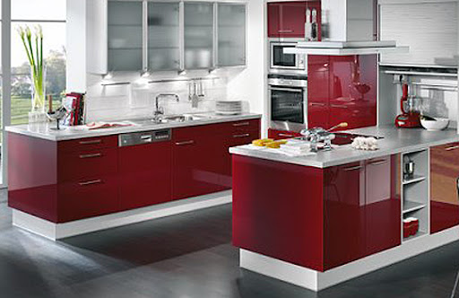 Updated kitchen with red tones and modern feelings. 
Kitchen remodeling project Malibu , CA - April, 2009