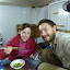 Lynette and I enjoying a bowl of ground eel sausages... yum!