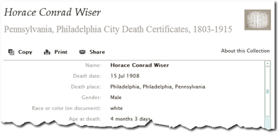 Above the record details are icons for Copy, Print, and Share