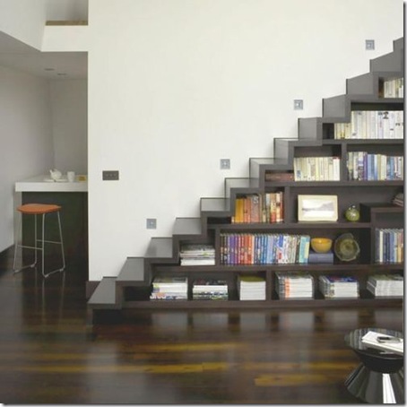 White living room staircase doubles as under stair storage shelves bookshelves mezzanine floor wood flooring L etc 05/2007 not used real home