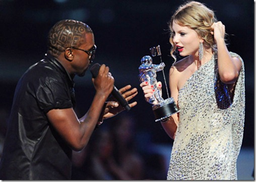Kanye West takes the microphone from Taylor Swift and speaks onstage during the 2009 MTV Video Music Awards at Radio City Music Hall on September 13, 2009 in New York City.2009 MTV Video Music Awards - ShowRadio City Music HallNew York, NY United StatesSeptember 13, 2009Photo by Kevin Mazur/WireImage.comTo license this image (16951148), contact WireImage.com