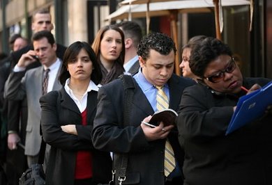 Jobless people stand in line