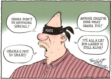Man with blindfold labelled 'hate' denying Obama deserves credit for taking down bin Laden