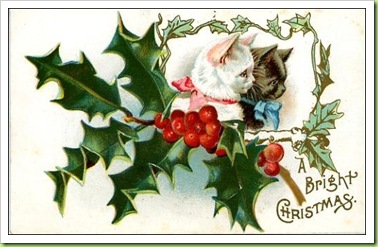 vintage-christmas-card-kittens-white-black-holly