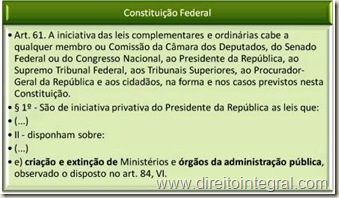 Constituição Federal. Art 61,§1º, II, e - Criação de Órgãos da Administração Pública. Iniciativa Privativa do Chefe do Executivo.