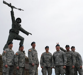 “We were the troublemakers,” said Lt. Col. Kenneth K. Degier, a 1989 graduate of the Minnesota Military Academy. Two decades later, Degier and six of his classmates not only remember the bonds forged during their training but also relish their upcoming deployment together with the 34th Red Bulls Infantry Division. Left to right: Lt. Col. Thomas J. Miller, Lt. Col. Kenneth K. Degier, Lt. Col. Steven S. Hanson, Chief Warrant Officer Cheryl L. Townsend, Chief Warrant Officer Richard A. Pomrenke, Maj. Steven E. Jacobs and Maj. Ronald D. Joyce. Red Bull Photo by Pfc. J.p. Lawrence