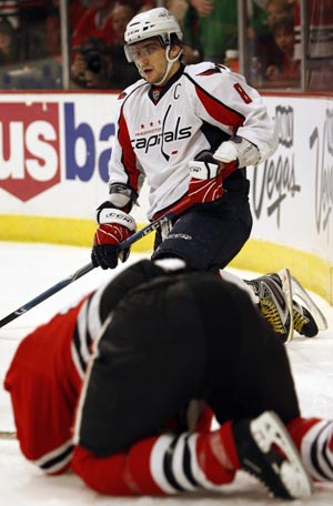 Ovechkin hit on Brian Campbell. Ovechkin apologizing afterwards.