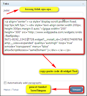 Masukkan code pada "widget text"